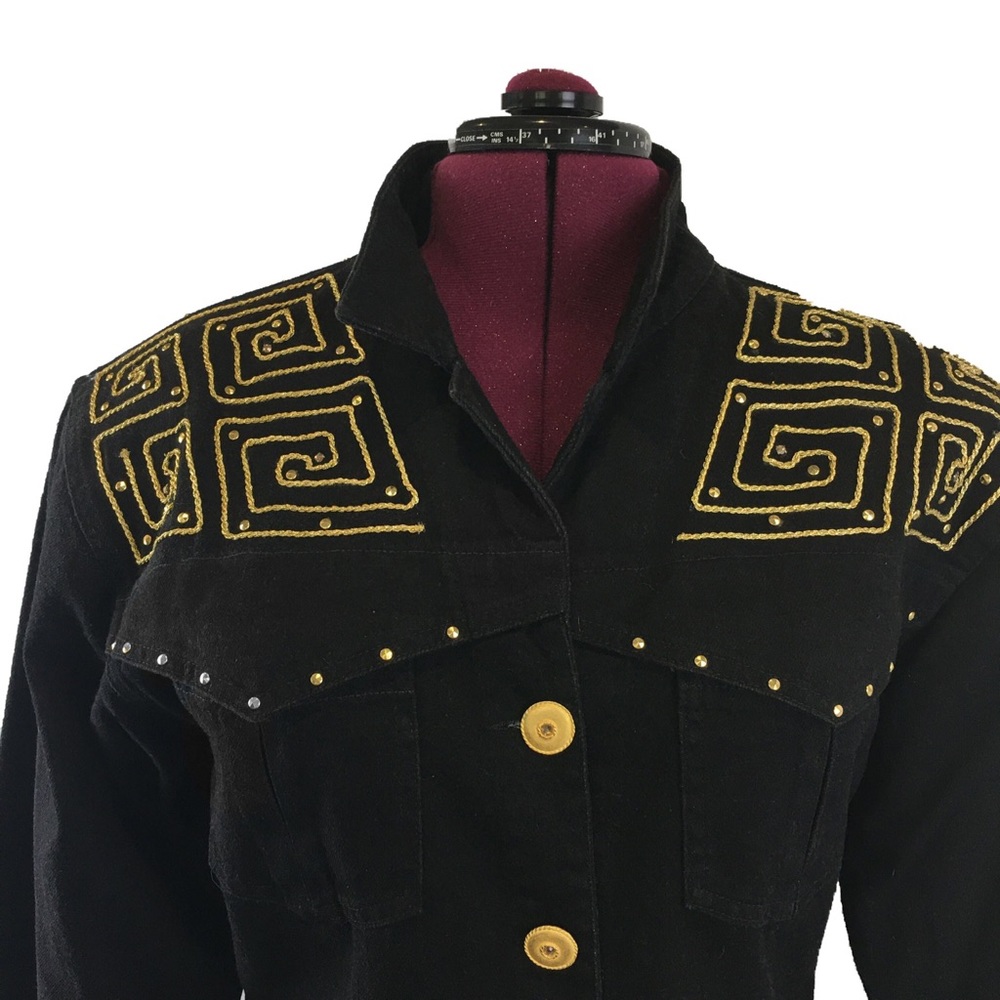 David David Vintage Denim Jeans Gold Trim Black 1980’s Style Short Jacket Coat - Picture 8 of 12